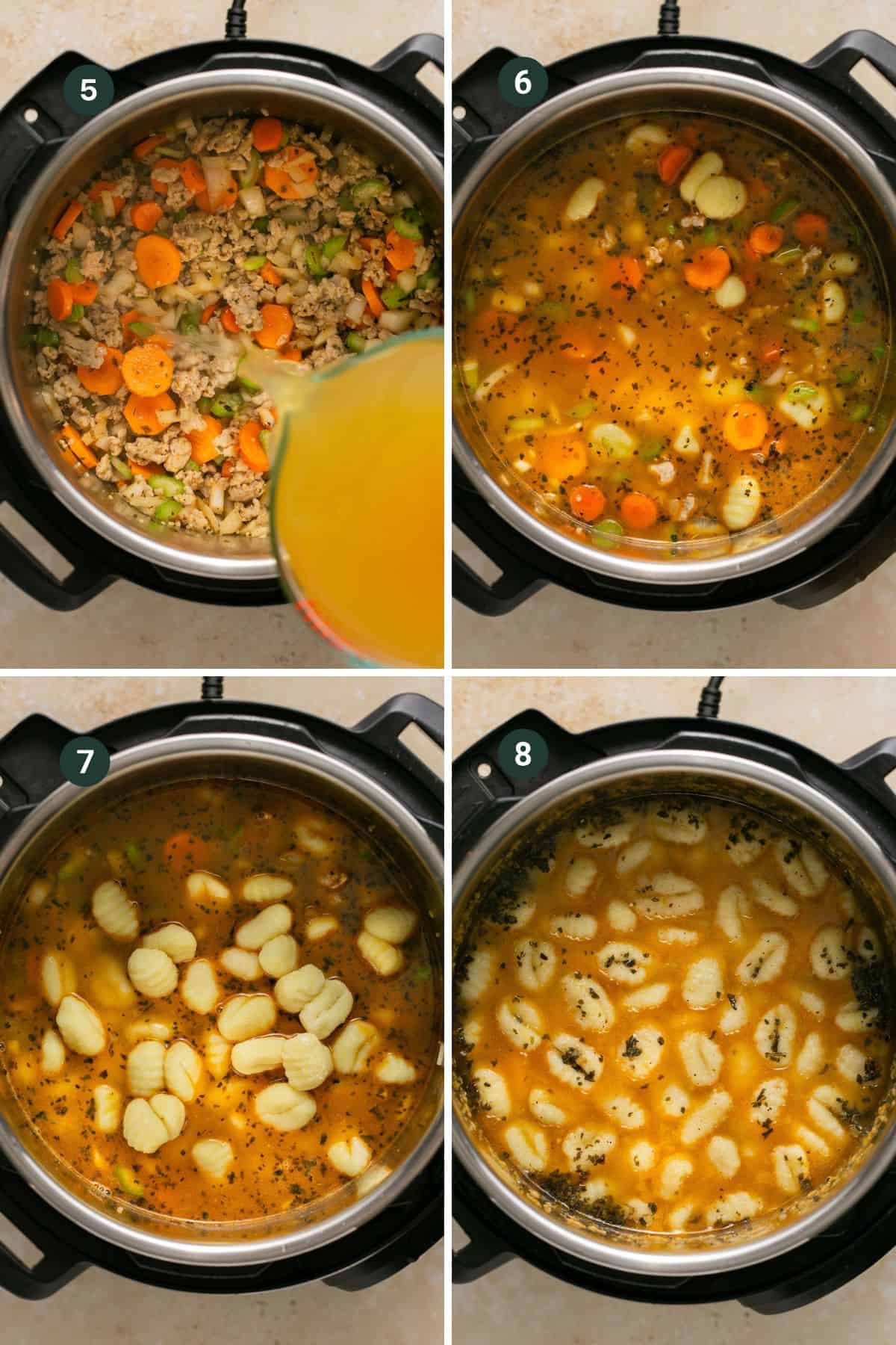 Broth and gnocchi added to the instant pot with the cooked beef and veggies. 