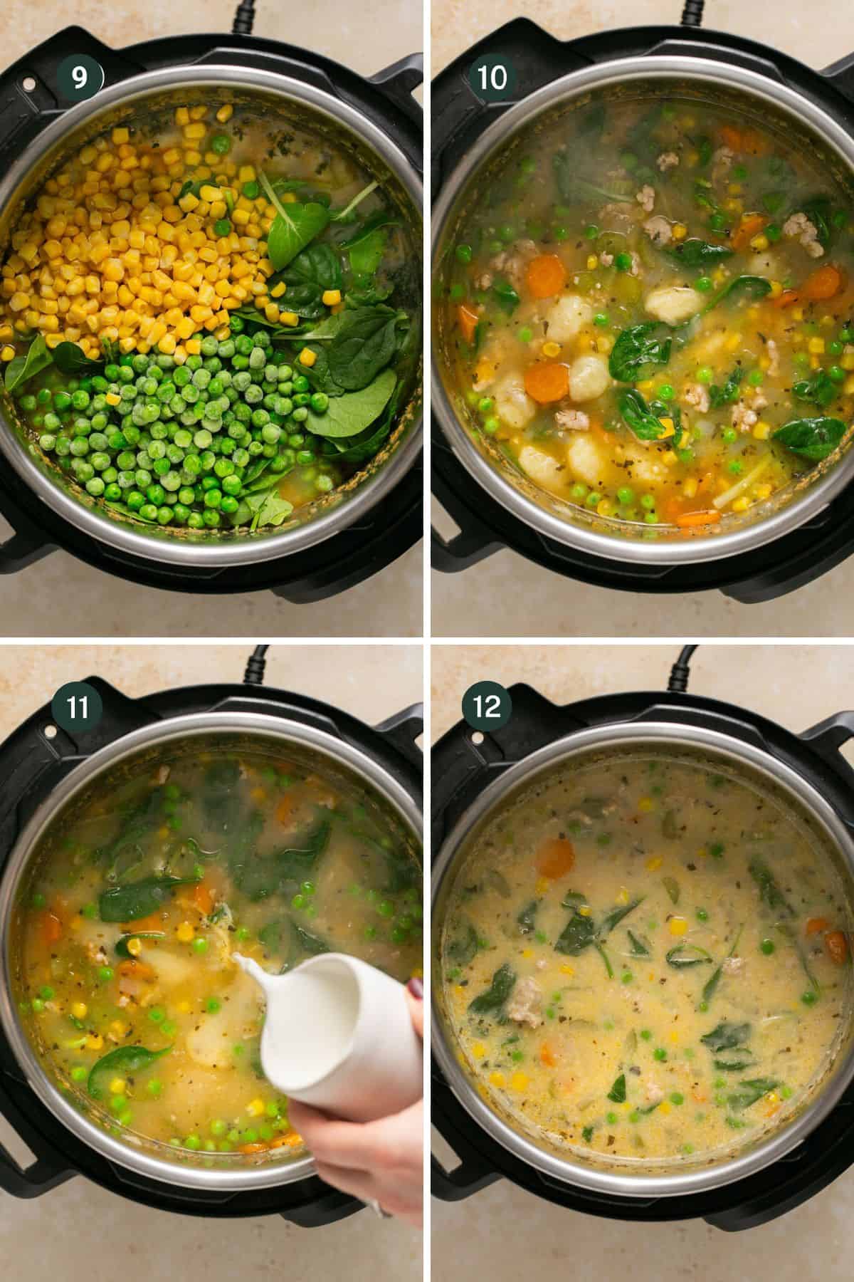 Peas, carrots and spinach added to the cooked soup in the instant pot with cream and stirred to combine. 