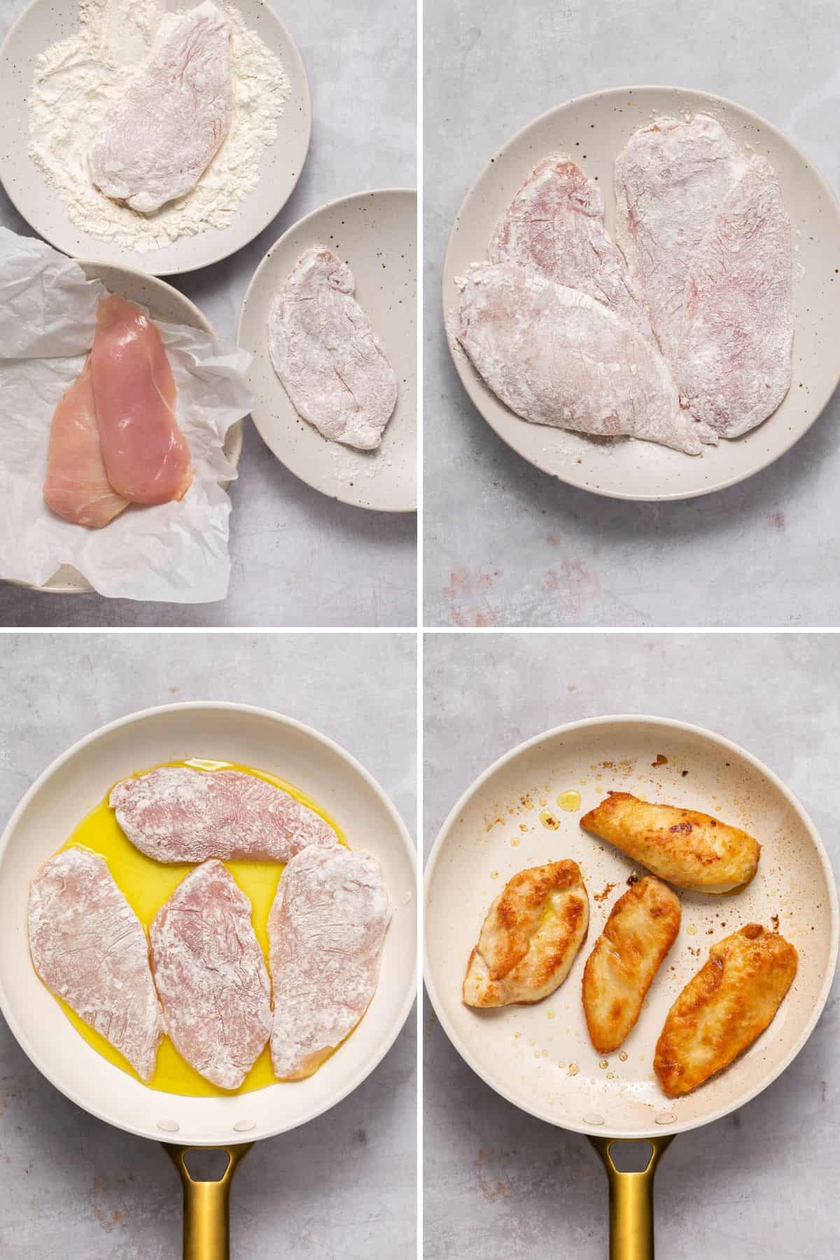Collage of the steps to dredge and cook chicken.