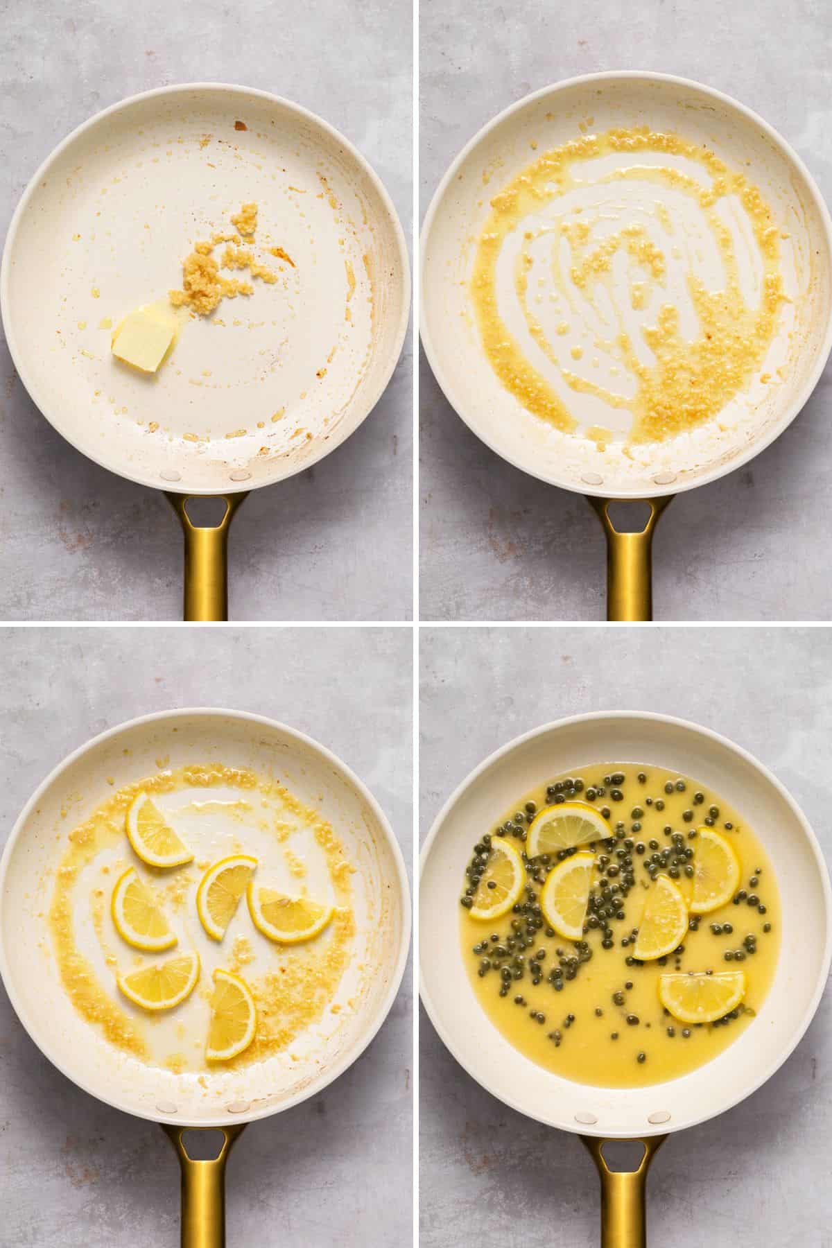 Collage of the steps to make the sauce for piccata.