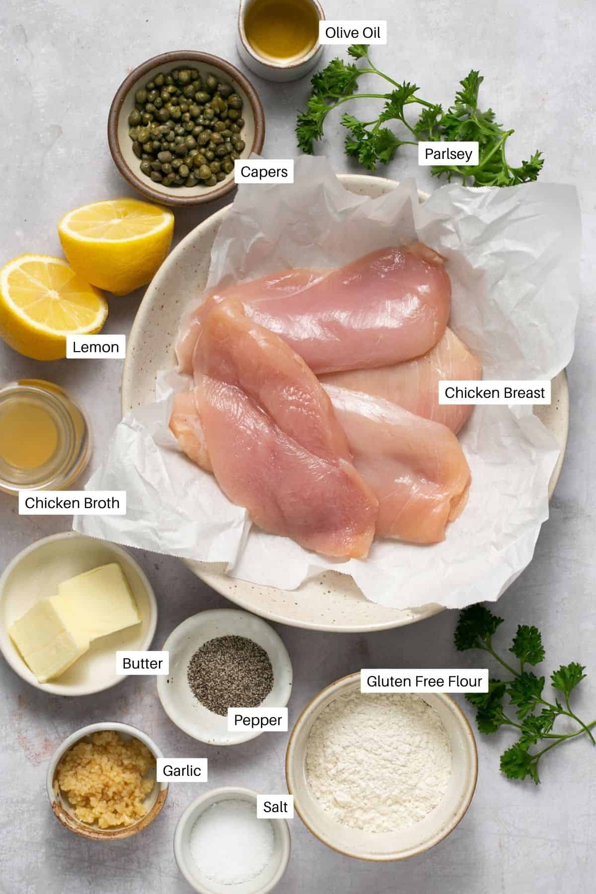 Piccata ingredients including broth, capers, and gluten-free flour.