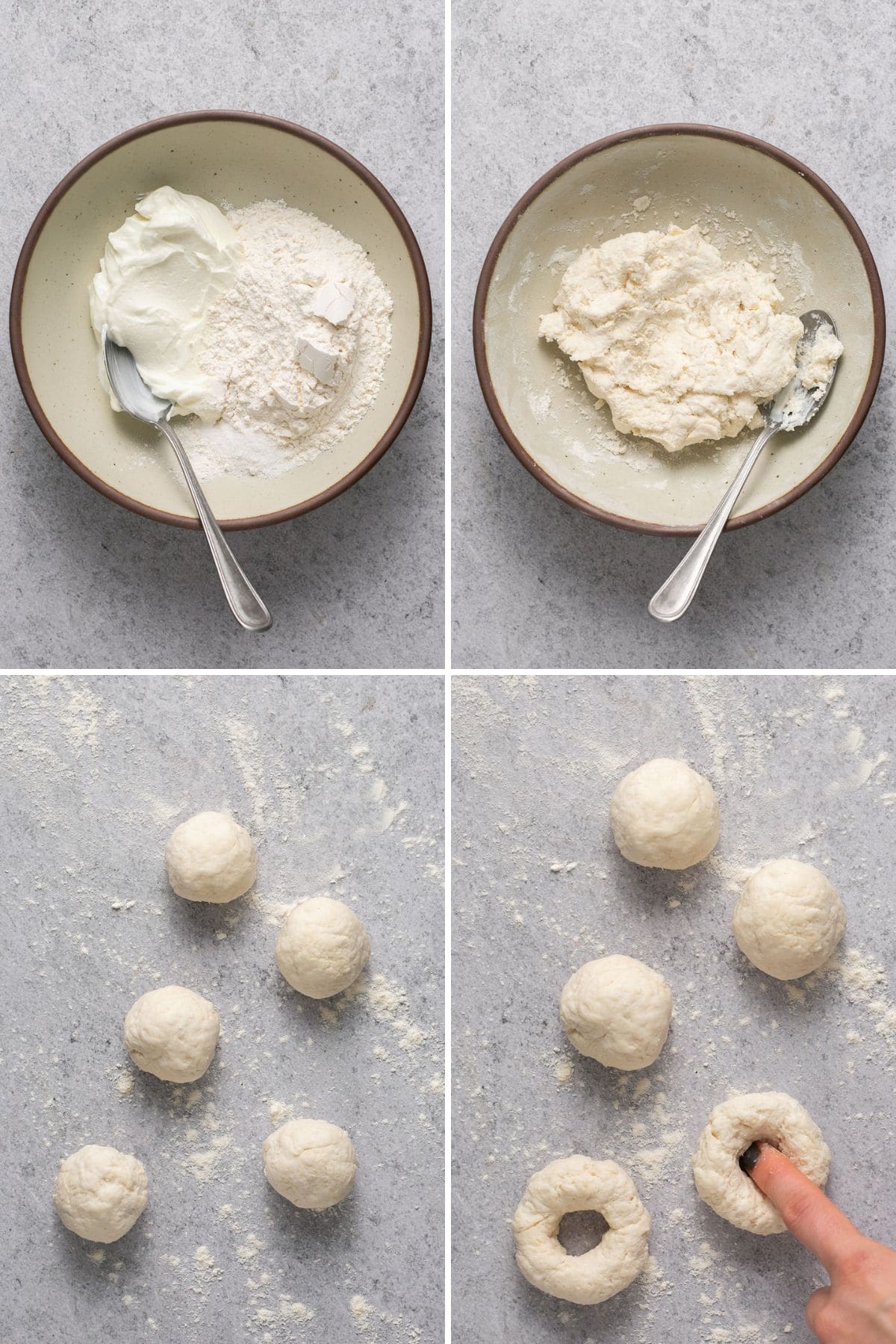 Collage of mixing dough and forming it into balls.