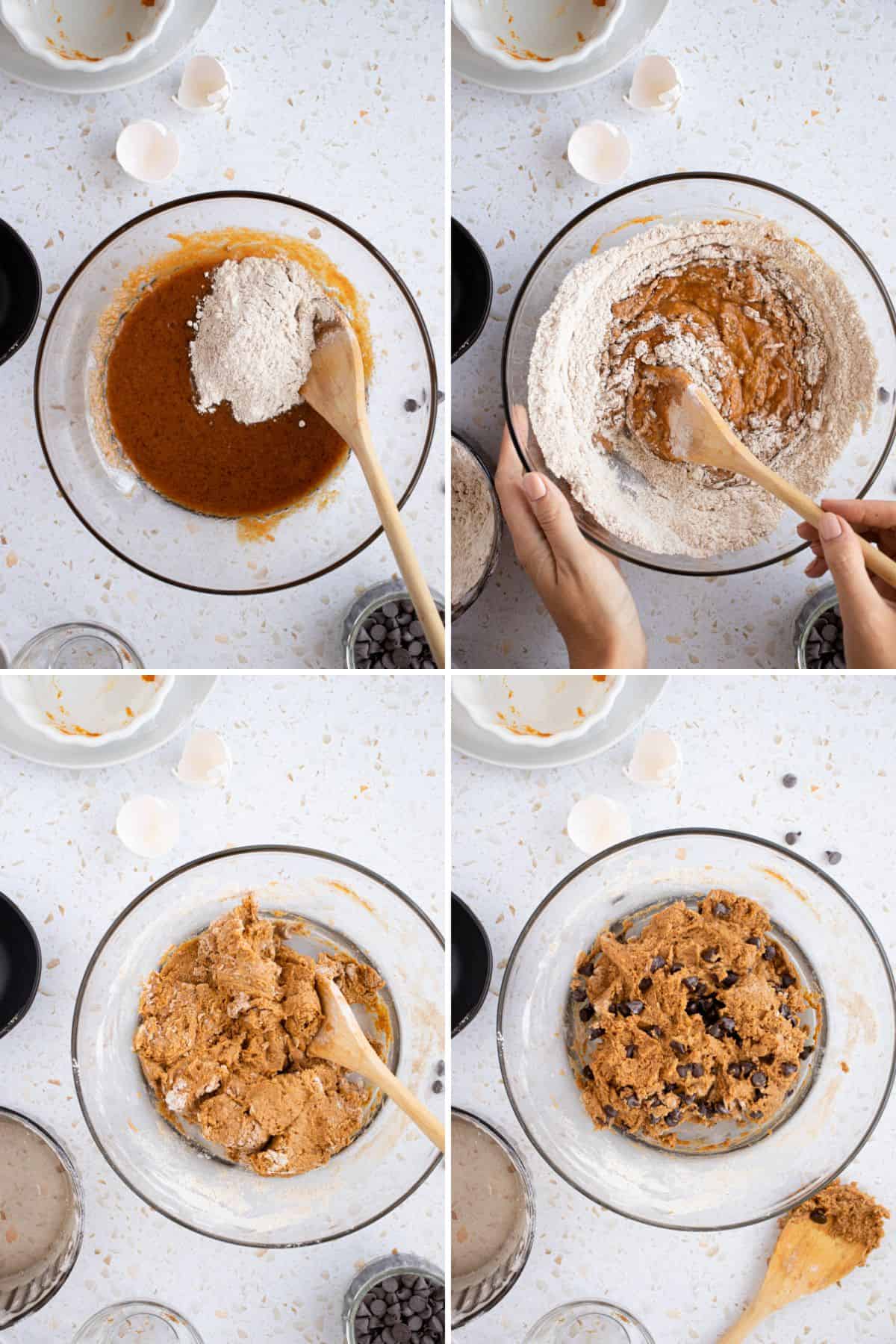 Step by step collage dry ingredients added to wet and mixed together with chocolate chips folded in. 