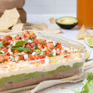 Glass dish of five-layer dip.