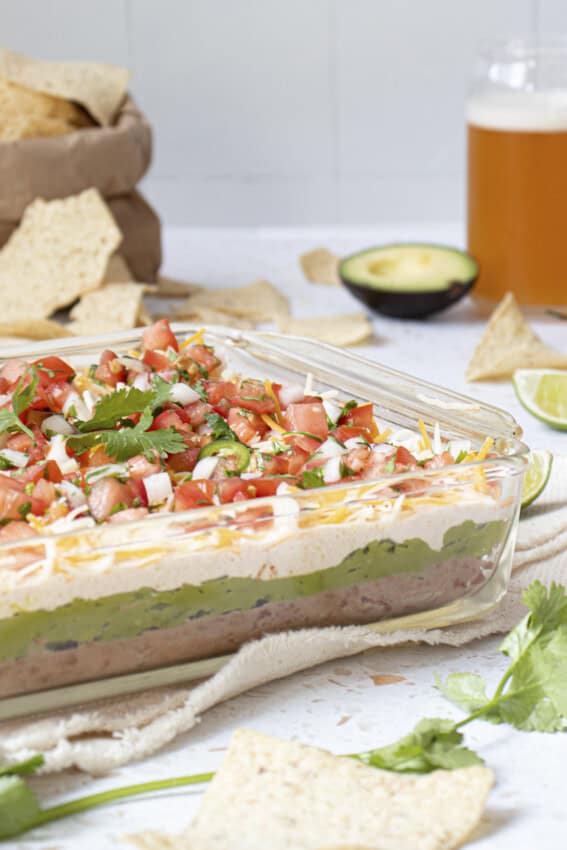 Glass dish of five-layer dip.