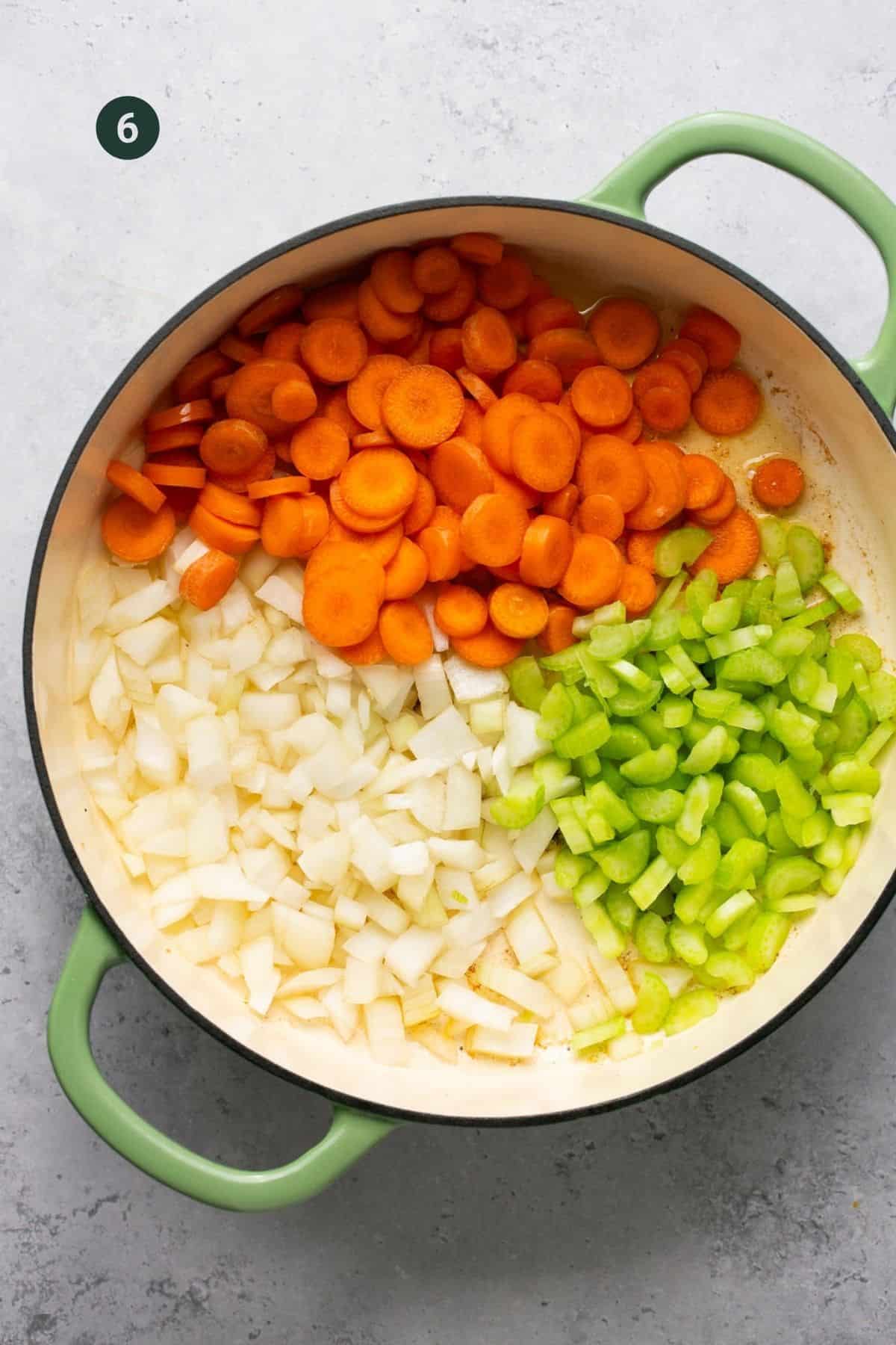 Carrots, celery and onions in a pan.