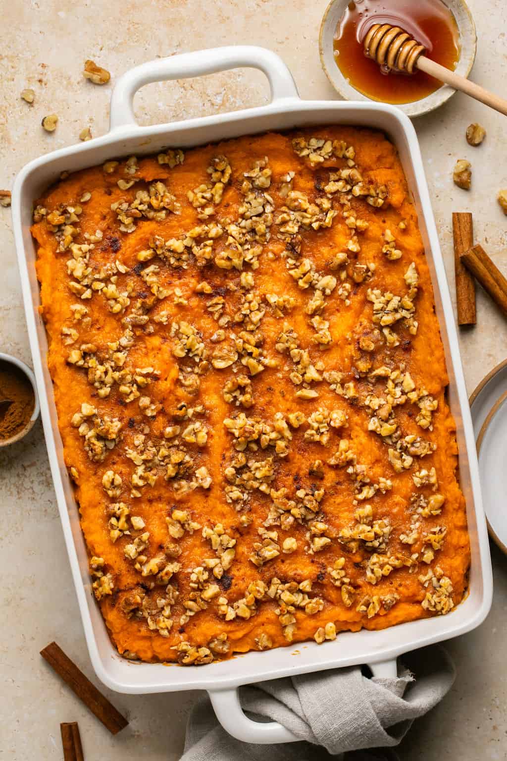 Final prepared and baked gluten free sweet potato casserole with browned edges. 