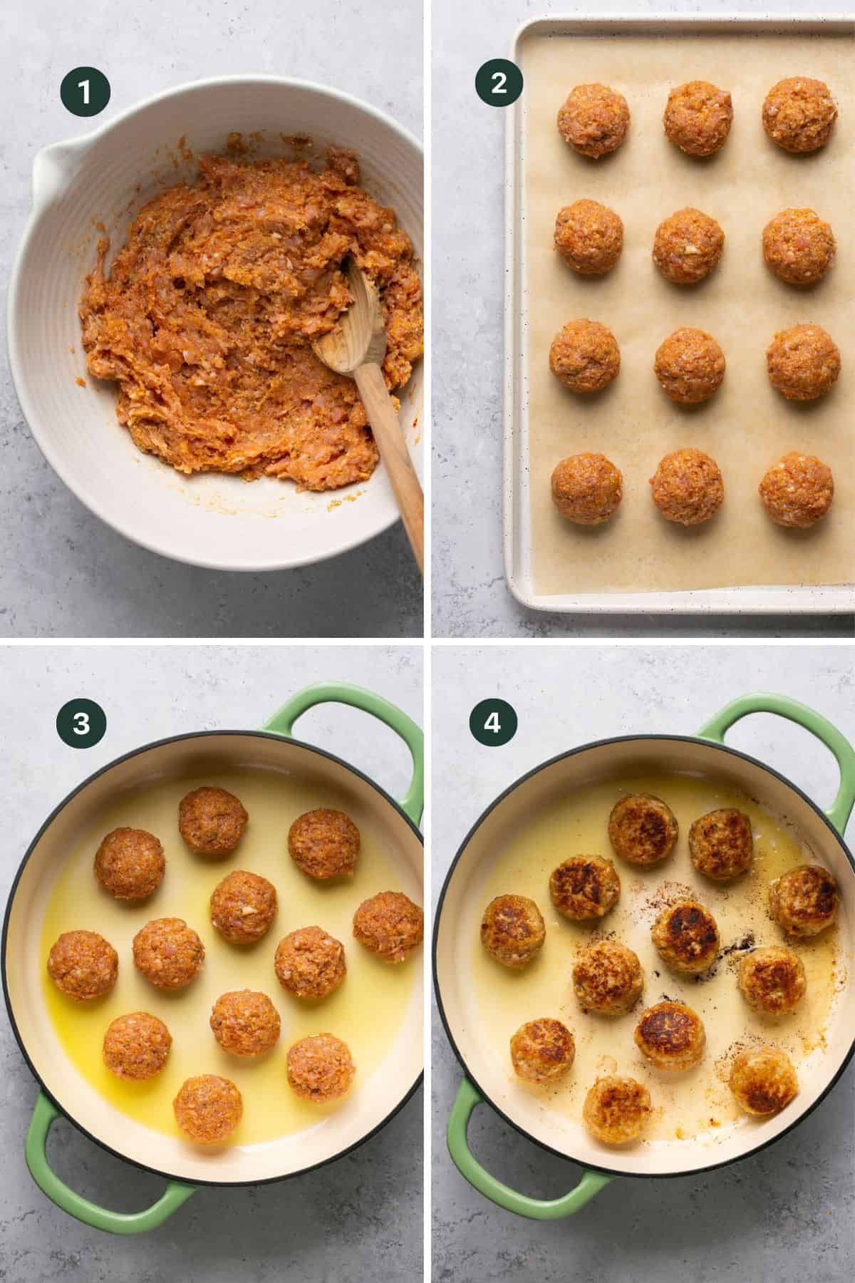 Four images showing making meatballs and browning in a oil coated pan. 