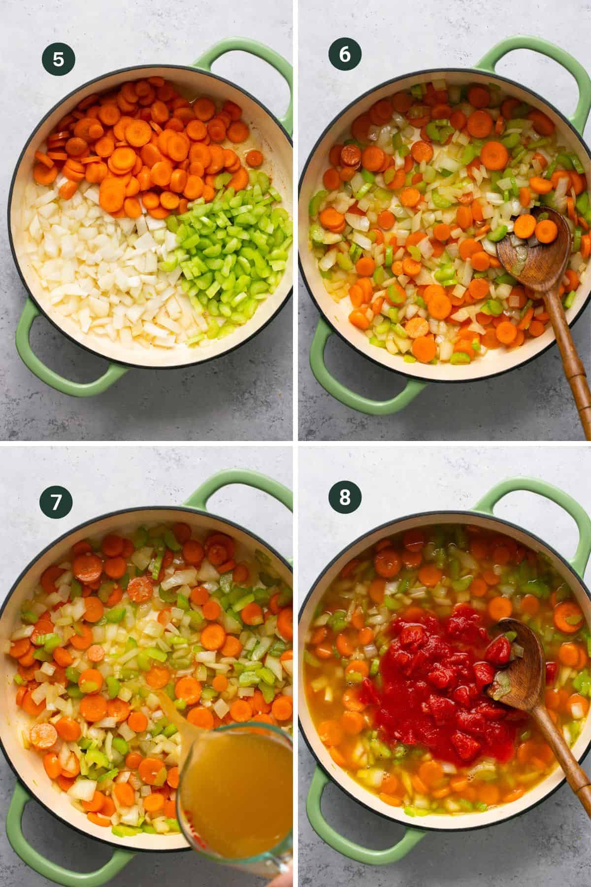 Four images showing cooking down the celery, carrots and onions in a pot then adding garlic, broth and tomatoes to simmer. 