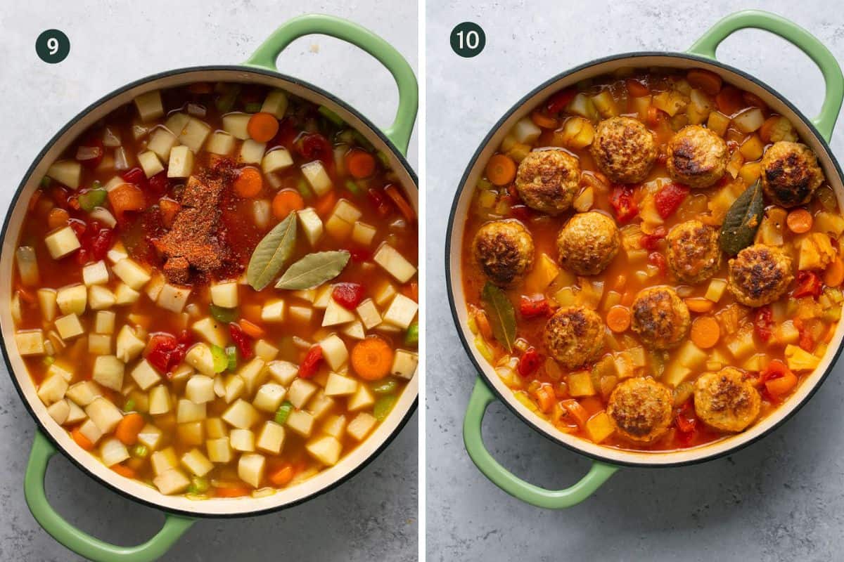 Two images showing adding the potatoes to the pot followed by the meatballs to simmer. 