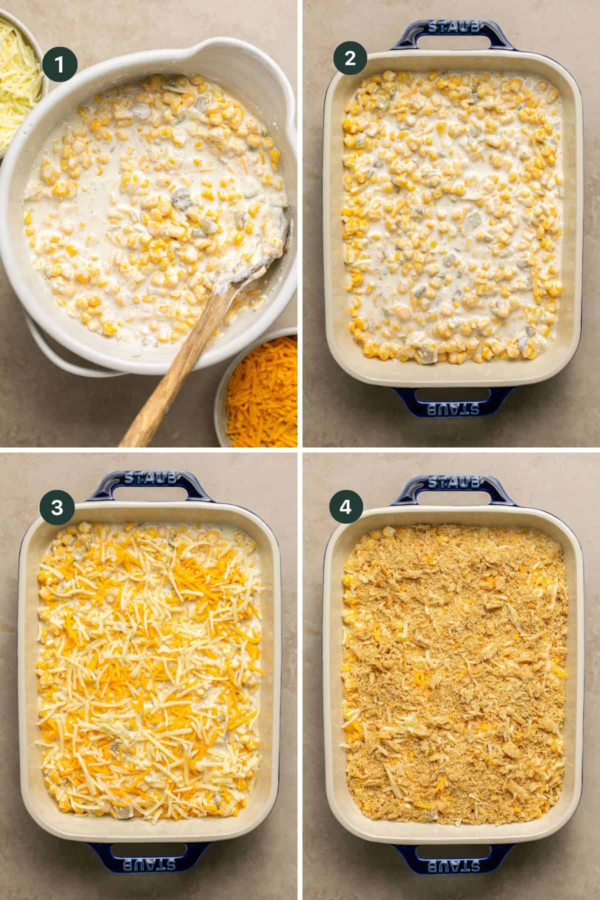 All the filling adding to a bowl and mixed together then placed in a casserole dish and topped with cheese and crushed crackers. 