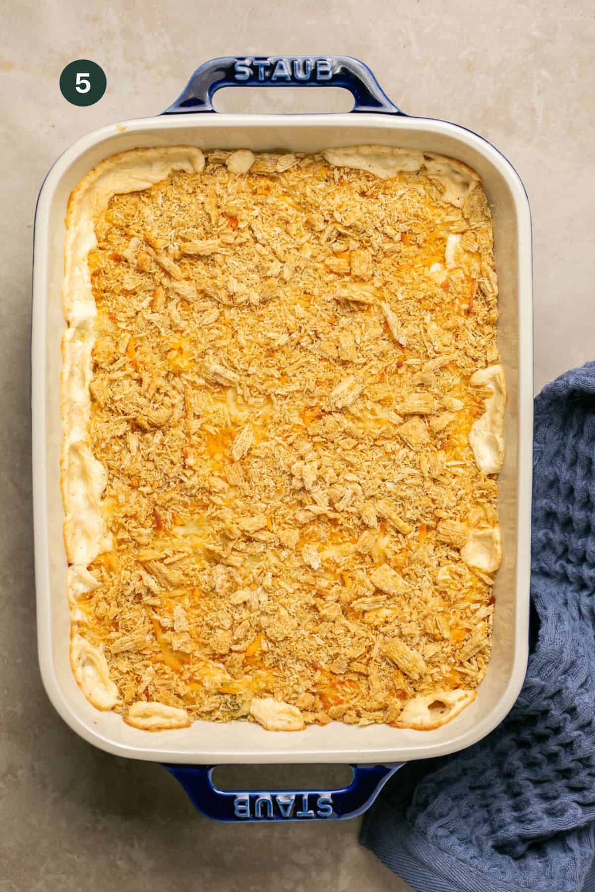 Fully baked and bubbly corn casserole in the dish. 