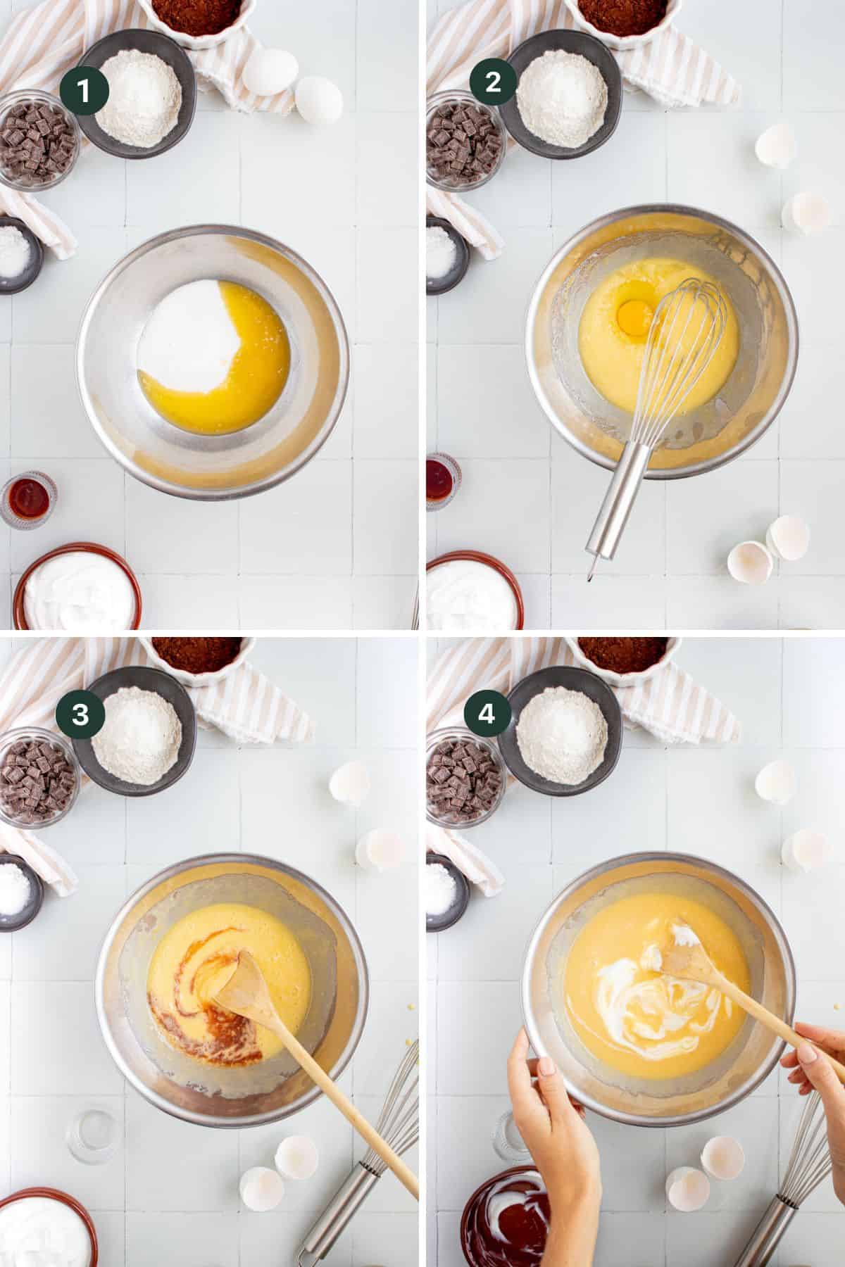 Four images showing mixing the sugar, butter, eggs, vanilla and yogurt for the wet brownie base. 