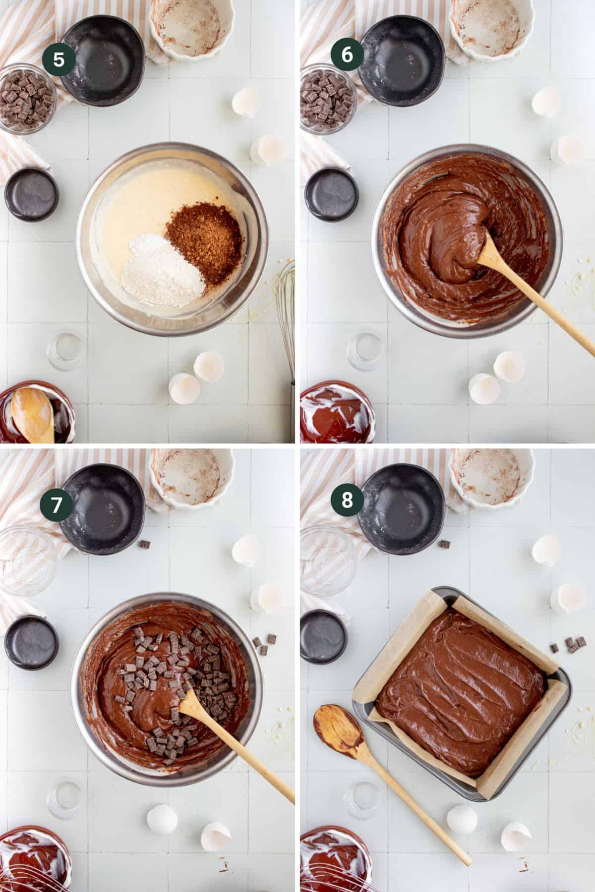 Adding the cocoa powder, flour, salt and baking powder to the wet ingredients, mixing and adding the chocolate chunks to then spread into a greased baking pan. 