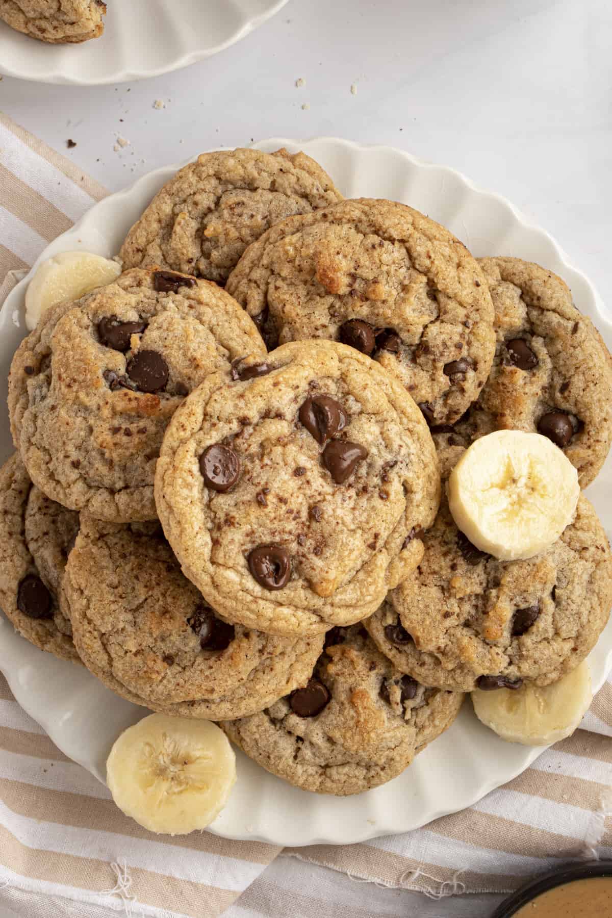 Plate of banana peanut butter chocolate chip cookies.