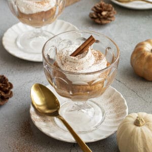 Pumpkin pudding in a small raised dish with whipped cream and cinnamon on top.