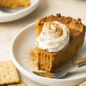 A slice of pumpkin pie with whipped cream and cinnamon on top with a bite taken out of it.