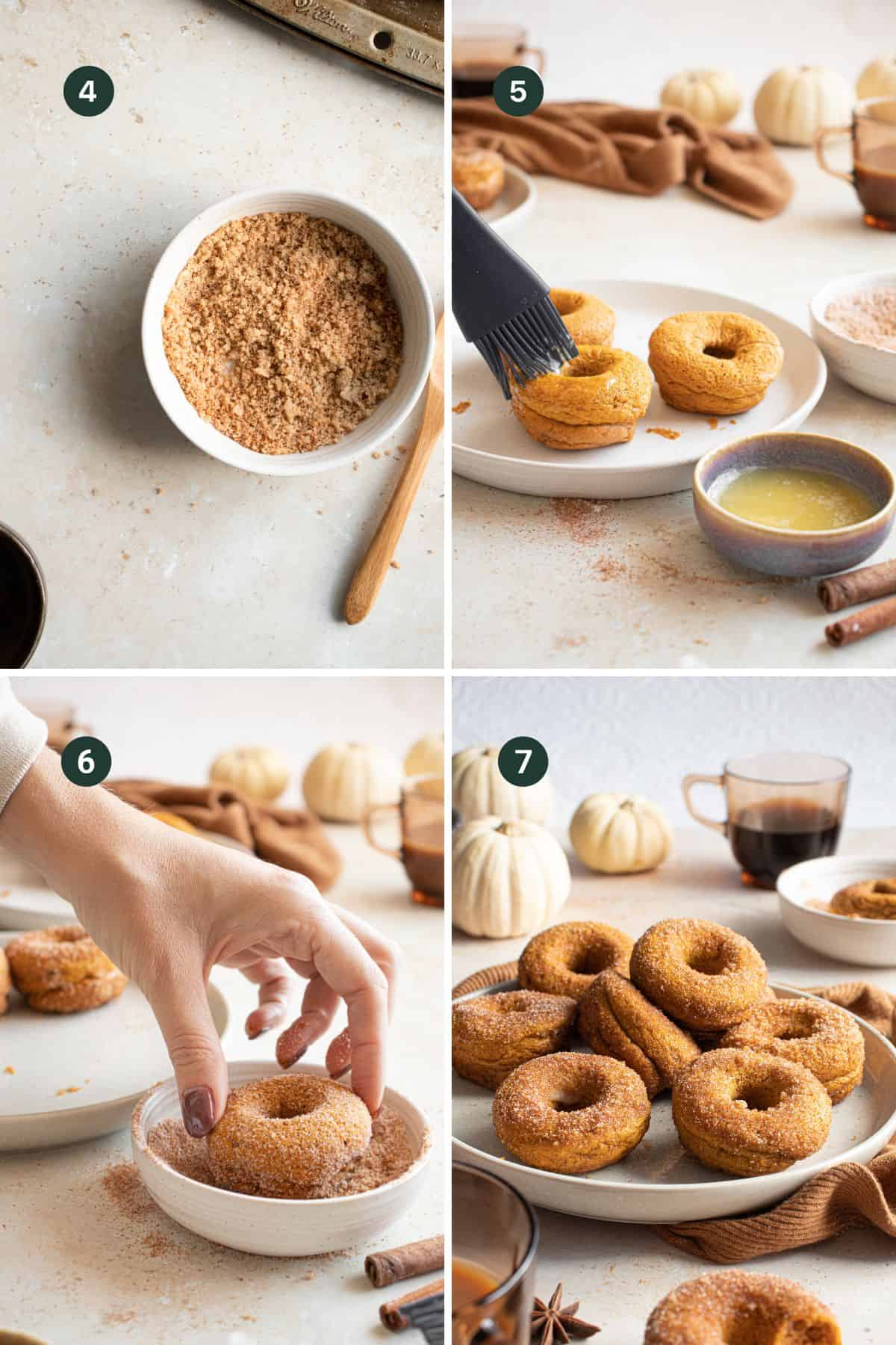 Four images showing how to add pumpkin sugar on the outside of the donuts. 