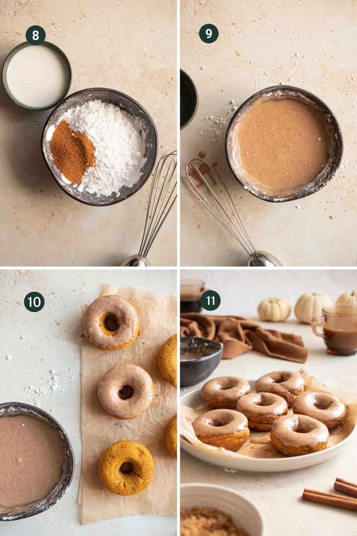 Four images showing steps on swirling the tops of the donuts in the glaze. 