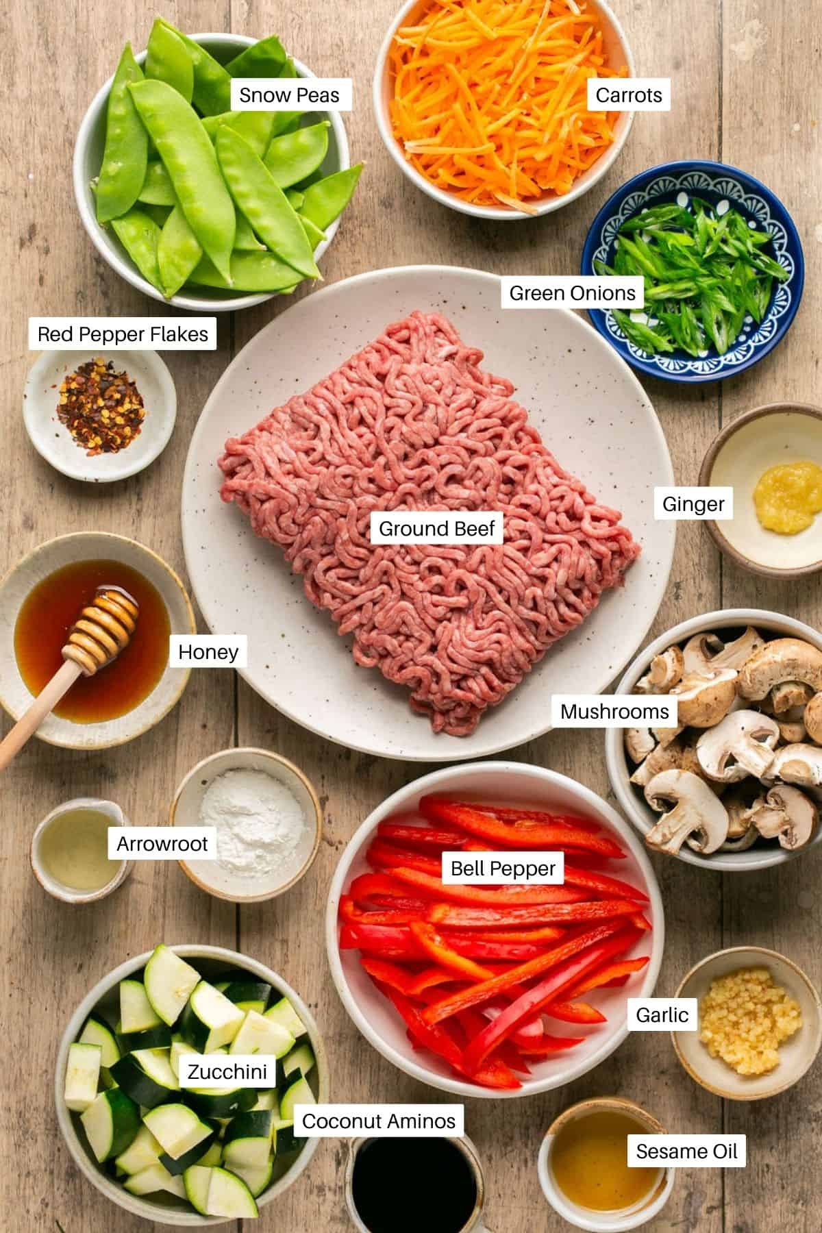 Ingredients for beef and vegetable stir fry laid out.