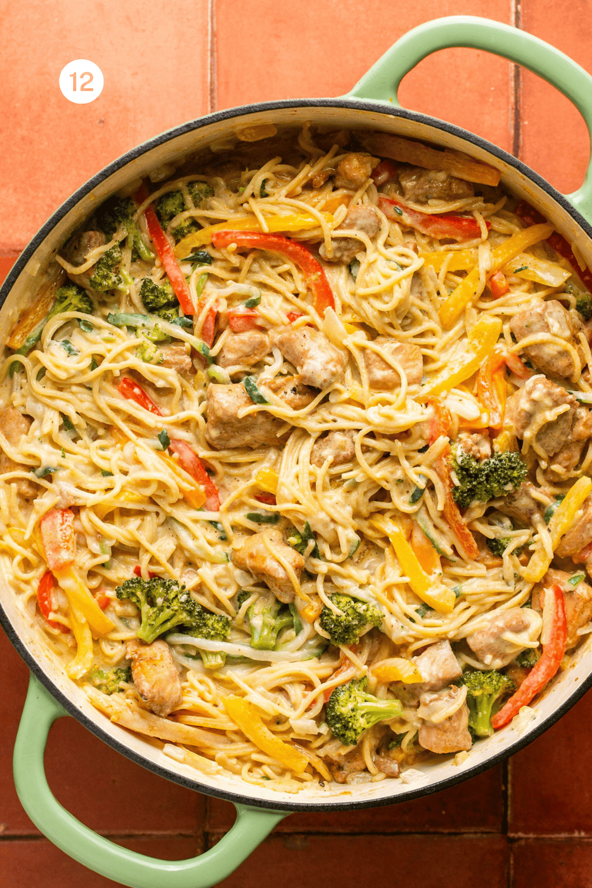 Fully combined pasta mixed in the pan.