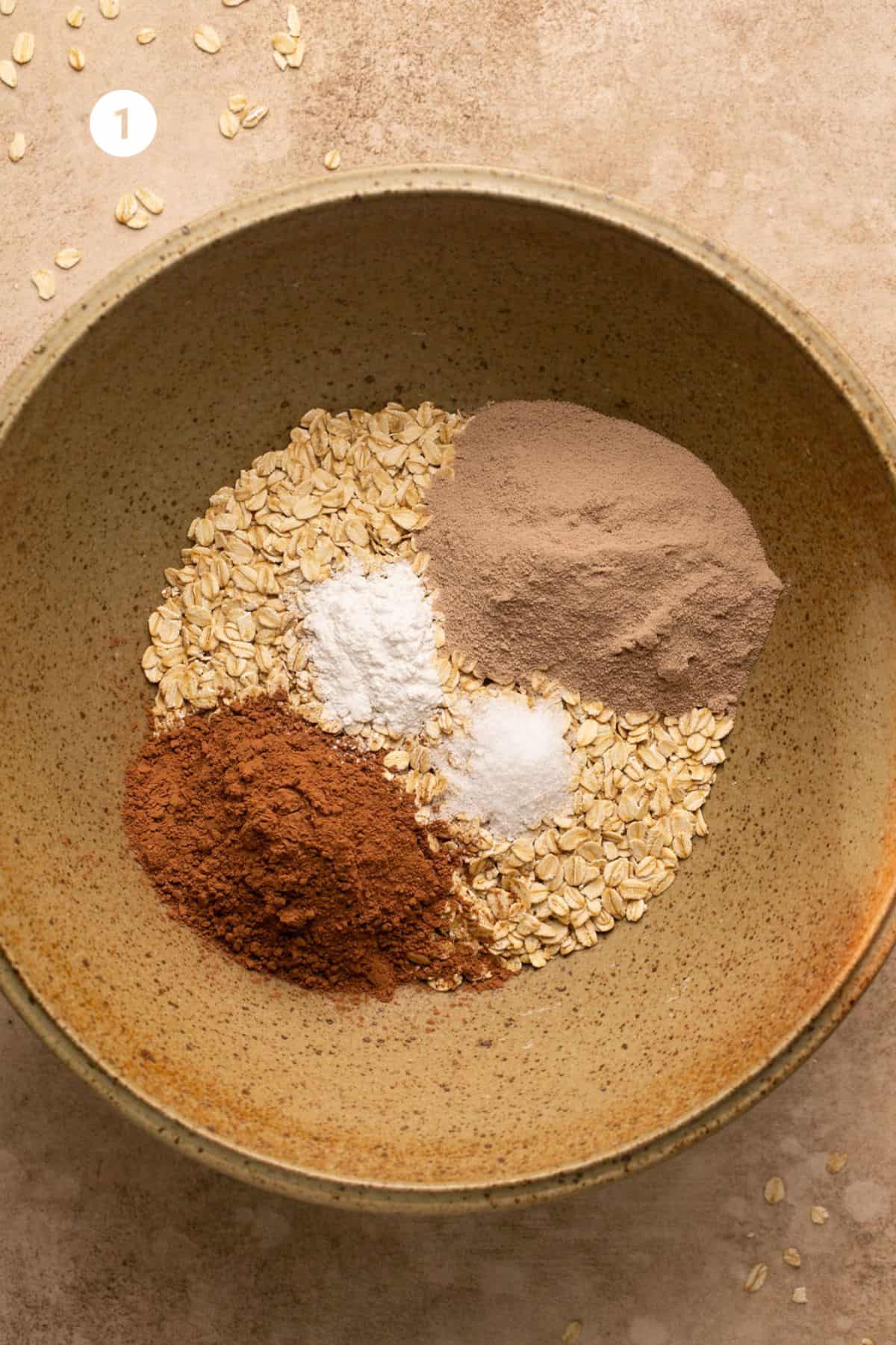 Dry ingredients added to a bowl. 