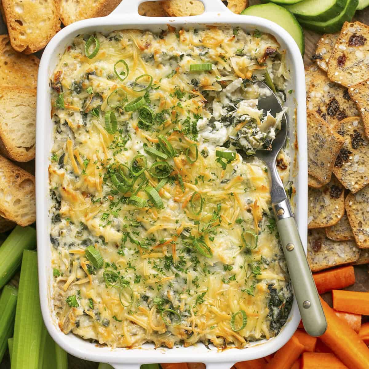 Dip with a spoon in it surrounded by crackers and vegetables.