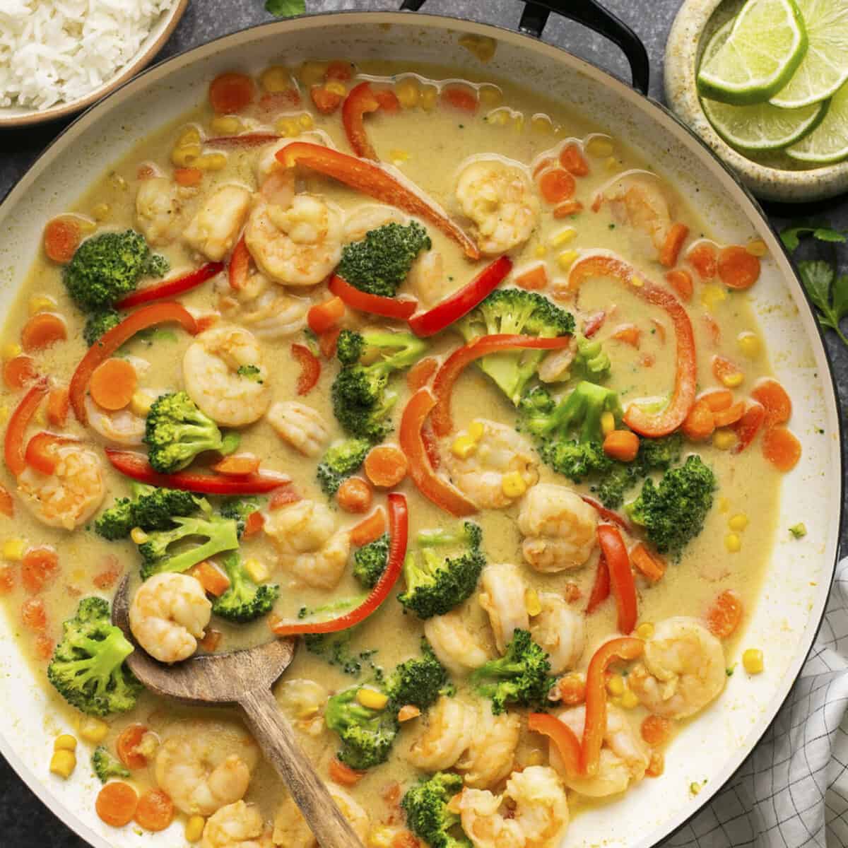 Shrimp and vegetables cooked in a creamy sauce.