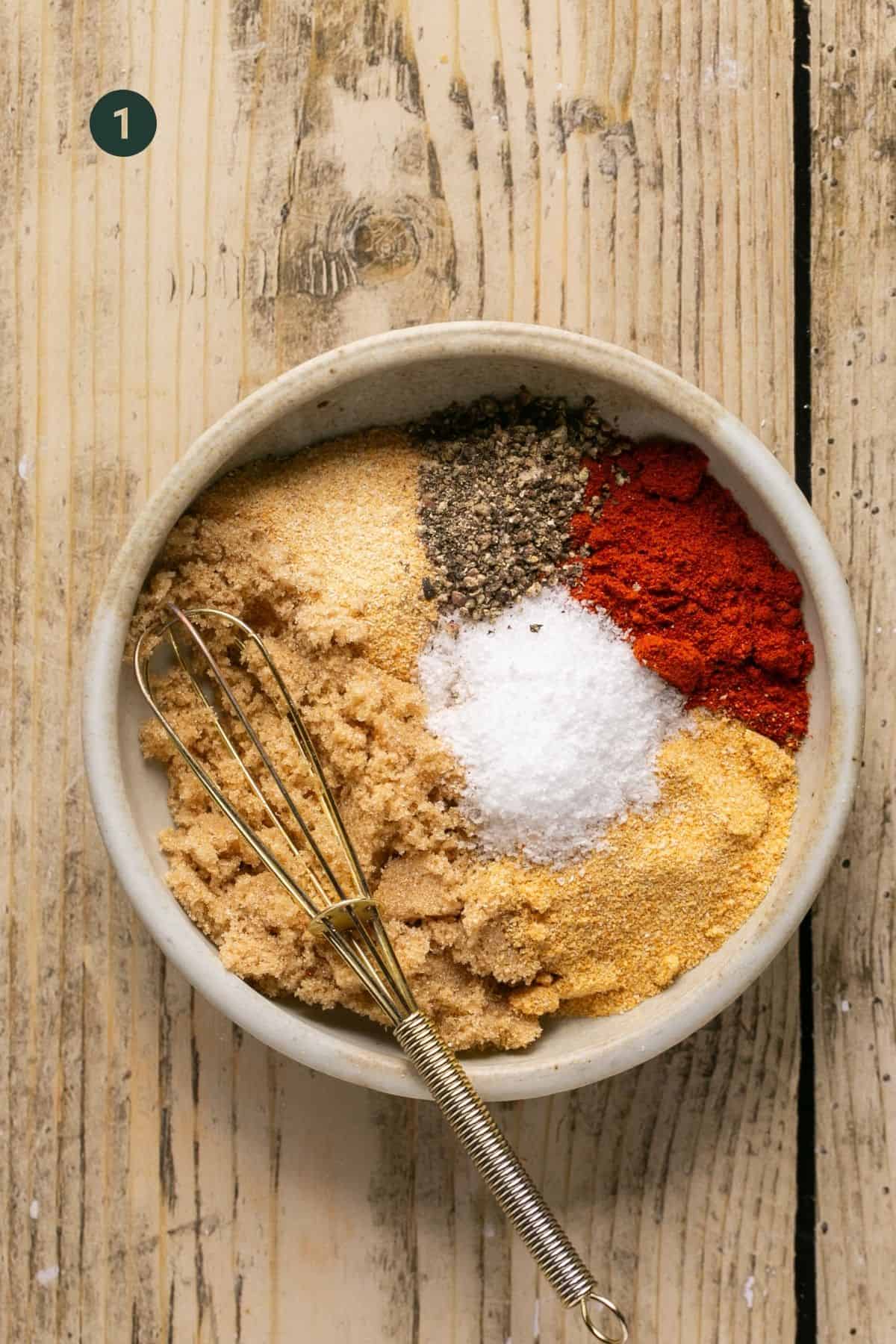 Dry rub ingredients in a small mixing bowl. 