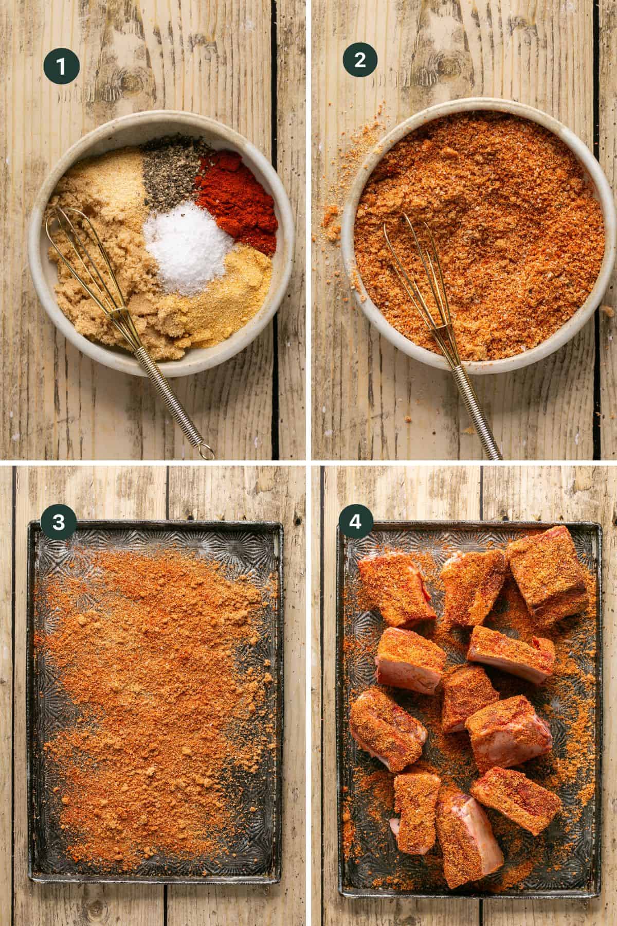 A four-step process for making a spice rub: 1) Bowl of spices and a whisk. 2) Mixed spice blend in a bowl. 3) Spice rub spread on a baking sheet. 4) Pieces of meat, perfect for Instant Pot short ribs, coated in the spice rub on a baking sheet.