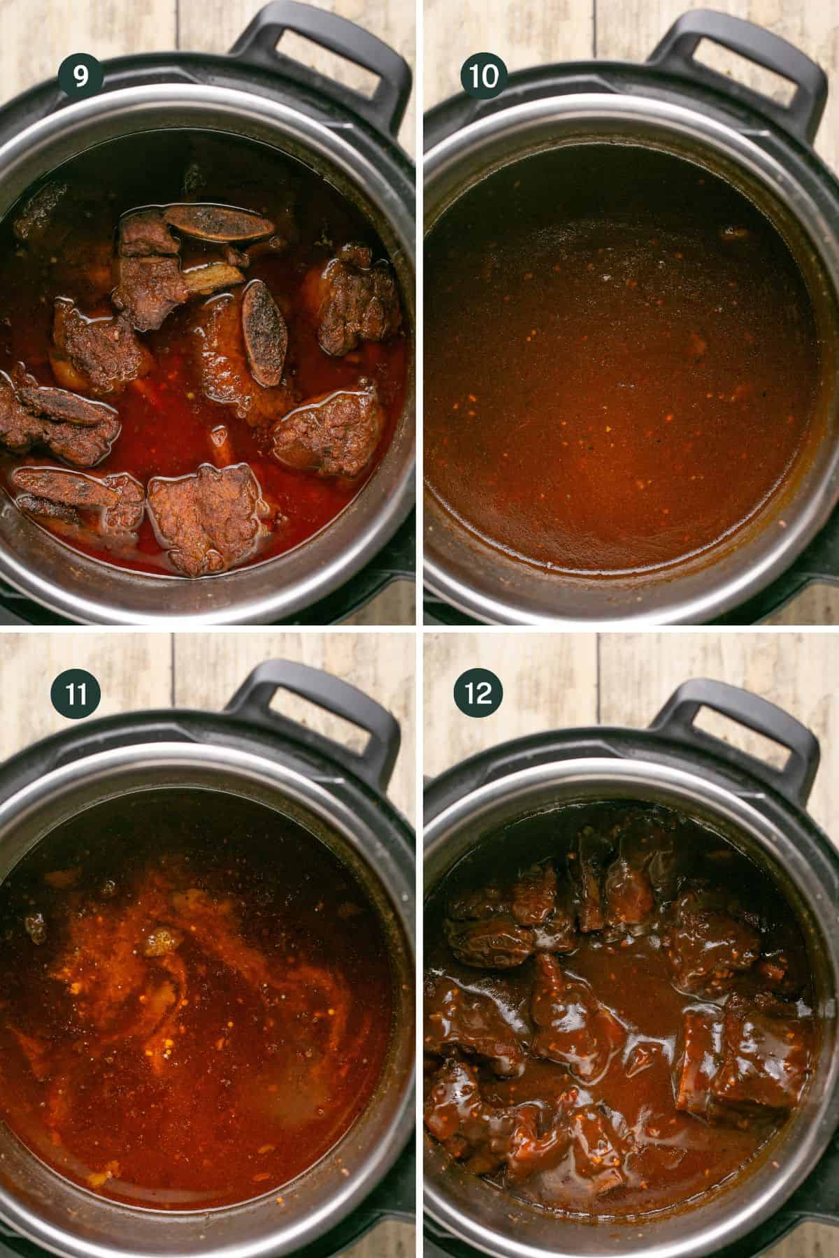 Four-panel image showcasing the delightful journey of cooking Instant Pot short ribs. The sequence reveals raw ribs in sauce, simmering broth, thickening sauce, and perfectly cooked, tender ribs in rich gravy. Each step is numbered from 9 to 12 for an easy culinary experience.