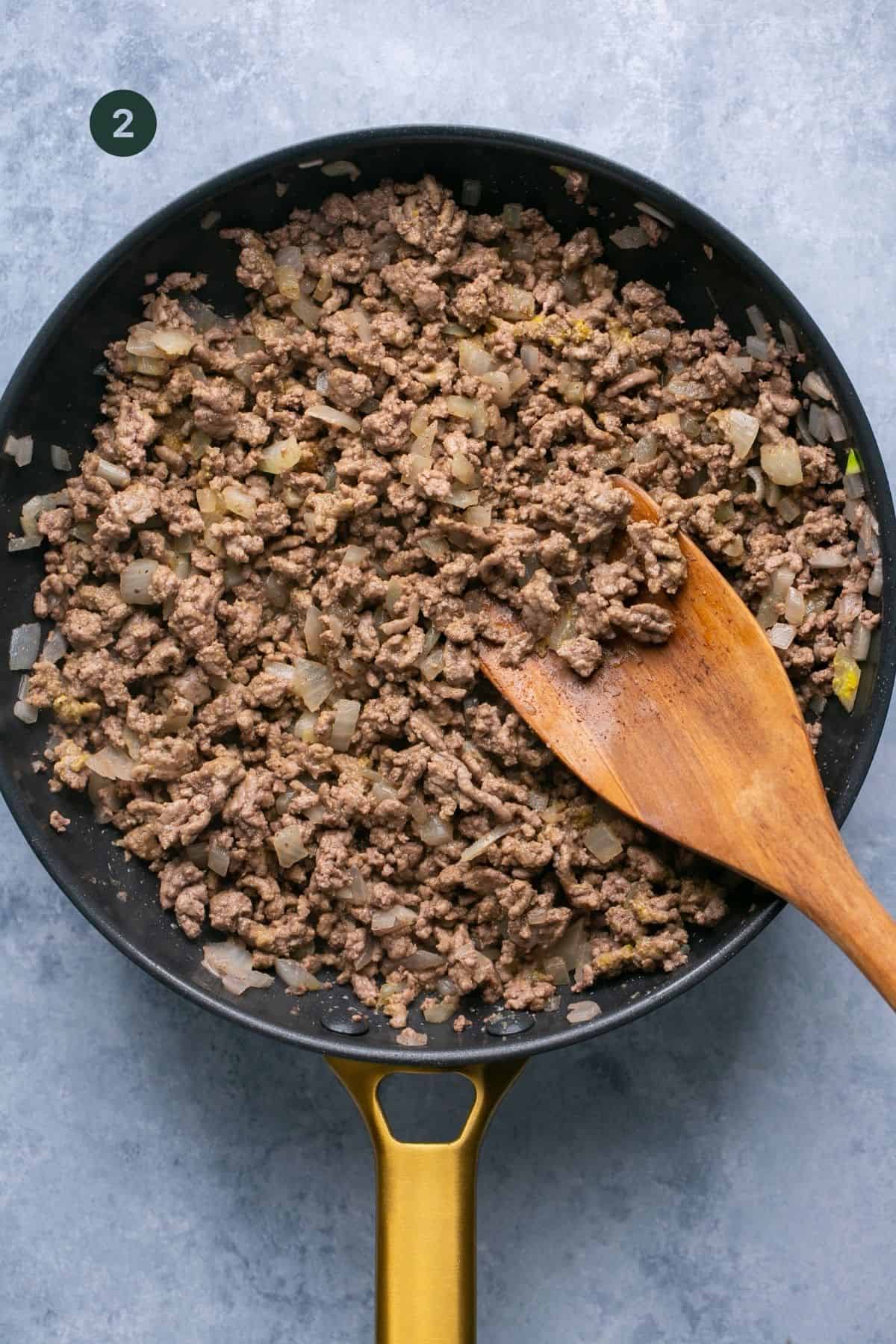 Fully cooked ground beef, onion, mustard and spices. 