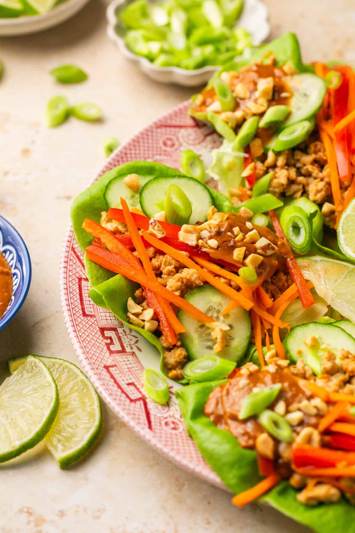 Lettuce wraps with bell peppers, carrots, cucumber, peanut chicken and extra sauce. 