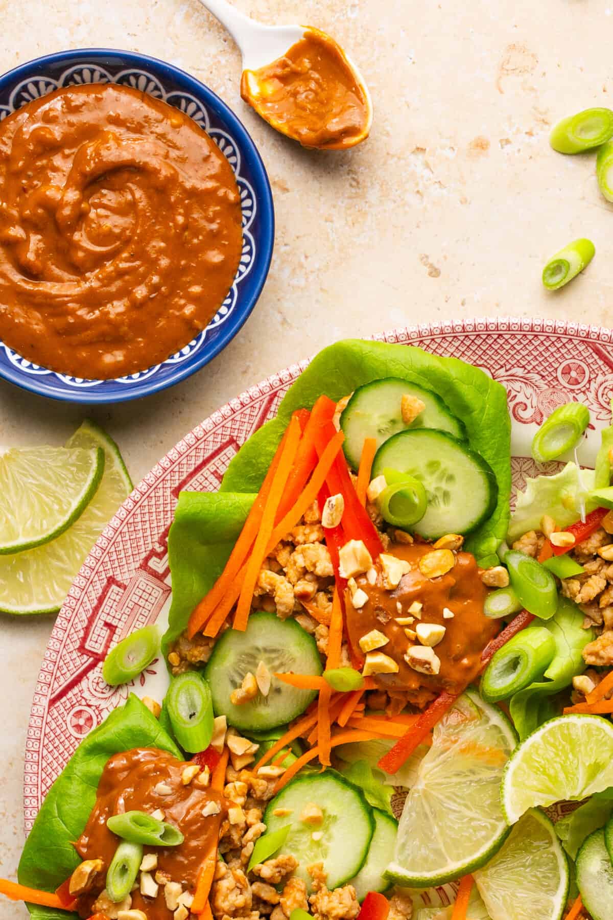 Lettuce wraps with peanut chicken, bell peppers, carrots cucumbers, lime and peanuts on top with extra peanut sauce. 