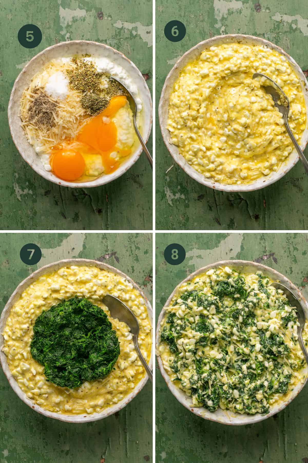 Process images showing egg, seasonings, cottage cheese, parmesan cheese and spinach mixed together for lasagna filling. 