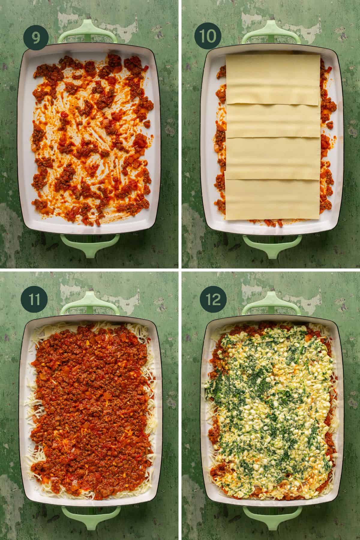 Steps showing layering the lasagna with sauce, noodles, meat sauce, cottage cheese filling in a baking dish. 