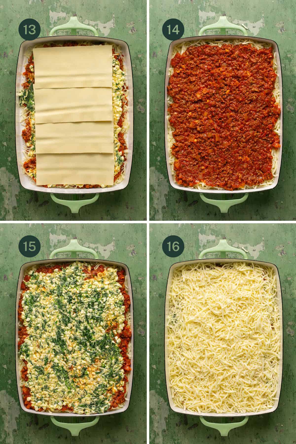 Lasagna steps repeated with noodles, meat sauce, cottage cheese filling and cheese on top. 