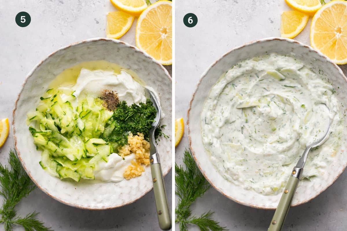 Side-by-side images show a bowl of tzatziki ingredients on the left, with grated cucumber, yogurt, minced garlic, dill, olive oil, and spices. The right image reveals the creamy tzatziki. Lemon slices and dill sprigs surround the bowl—perfect for pairing with Mediterranean chicken meatballs.