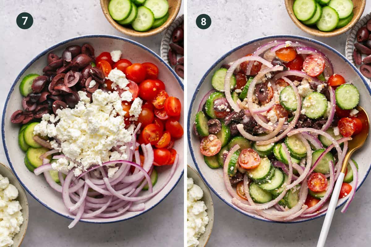 Two side-by-side images of a Greek salad: the first displays ingredients separately—sliced cucumbers, cherry tomatoes, red onions, olives, and crumbled feta cheese. The second shows the salad mixed together. Mediterranean chicken meatballs complement bowls of olives and cucumber slices around.