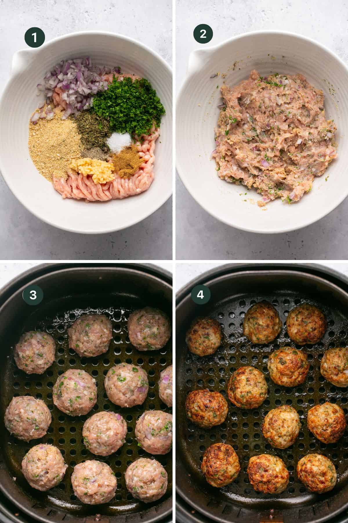 Four images showcasing the creation of Mediterranean chicken meatballs. Image 1: Ingredients in a bowl. Image 2: Ingredients mixed. Image 3: Raw meatballs in an air fryer basket. Image 4: Golden brown cooked meatballs in the air fryer basket, ready to serve.