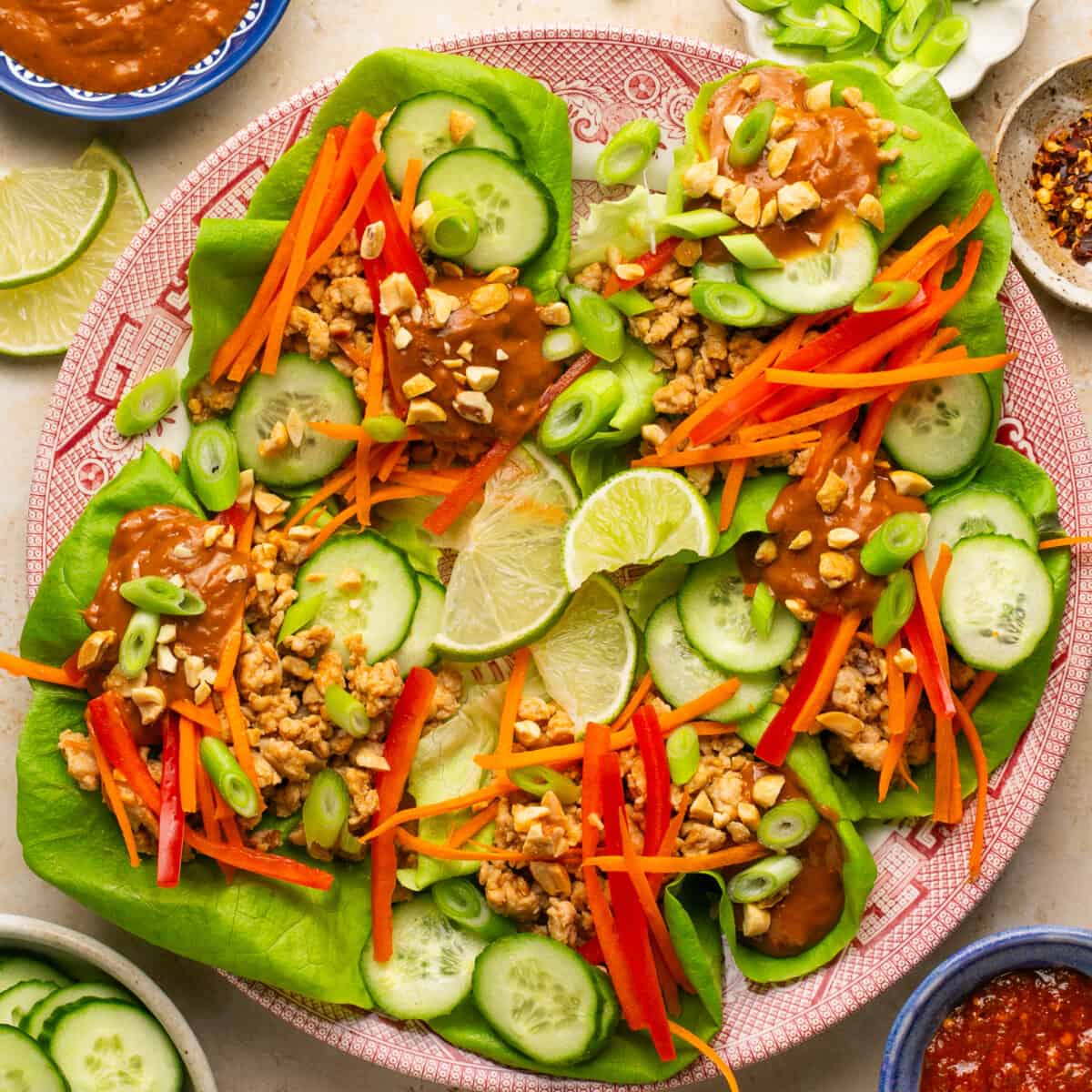 Plate full of assembled lettuce wraps with chicken, cucumbers, bell peppers, carrots, peanuts and extra peanut sauce on top.