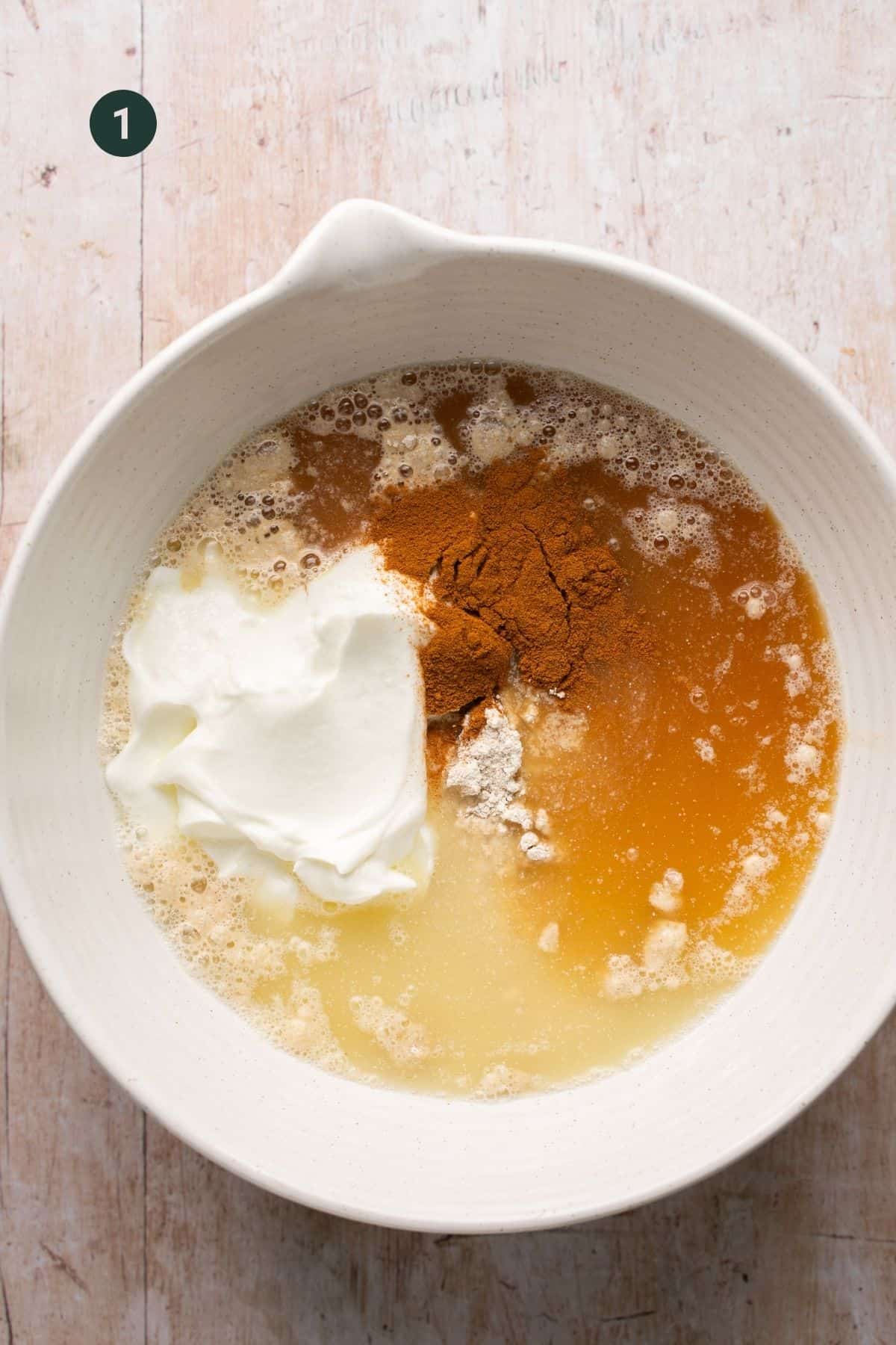 Flour, greek yogurt, cinnamon, honey, egg whites and vanilla in a bowl to combine. 