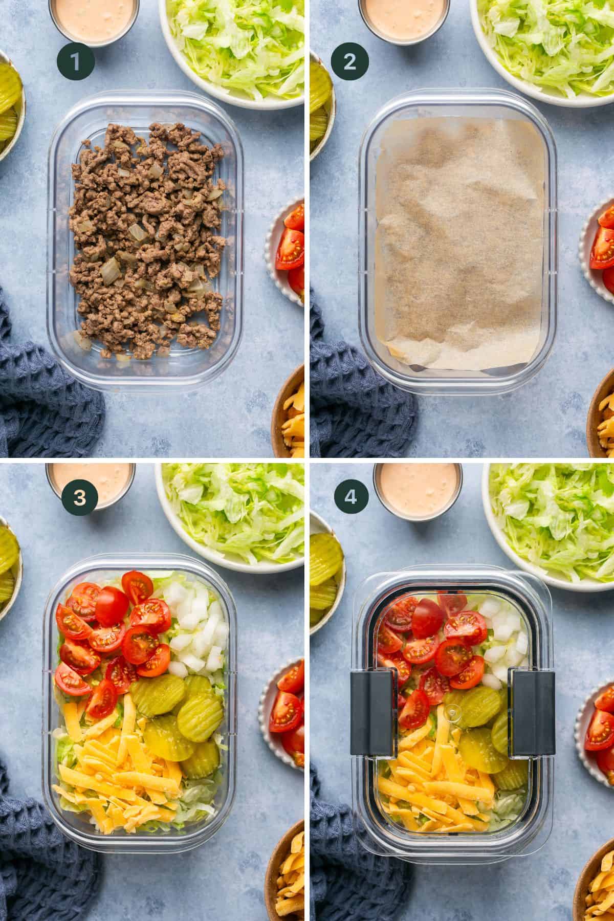Four images showing how to meal prep burger bowls with meat, parchment paper on top and then your salad toppings. 