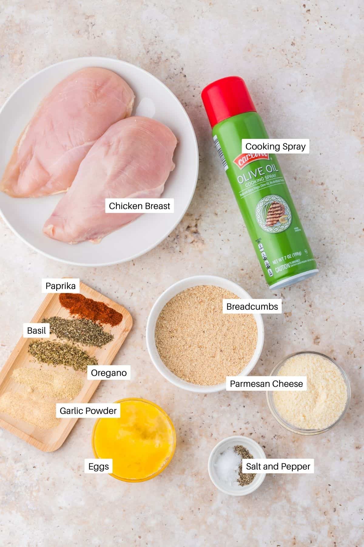 Chicken breast, olive oil spray, breadcrumbs, parmesan cheese, eggs, salt and pepper, garlic and onion powder, basil, oregano and paprika for the chicken cutlets. 