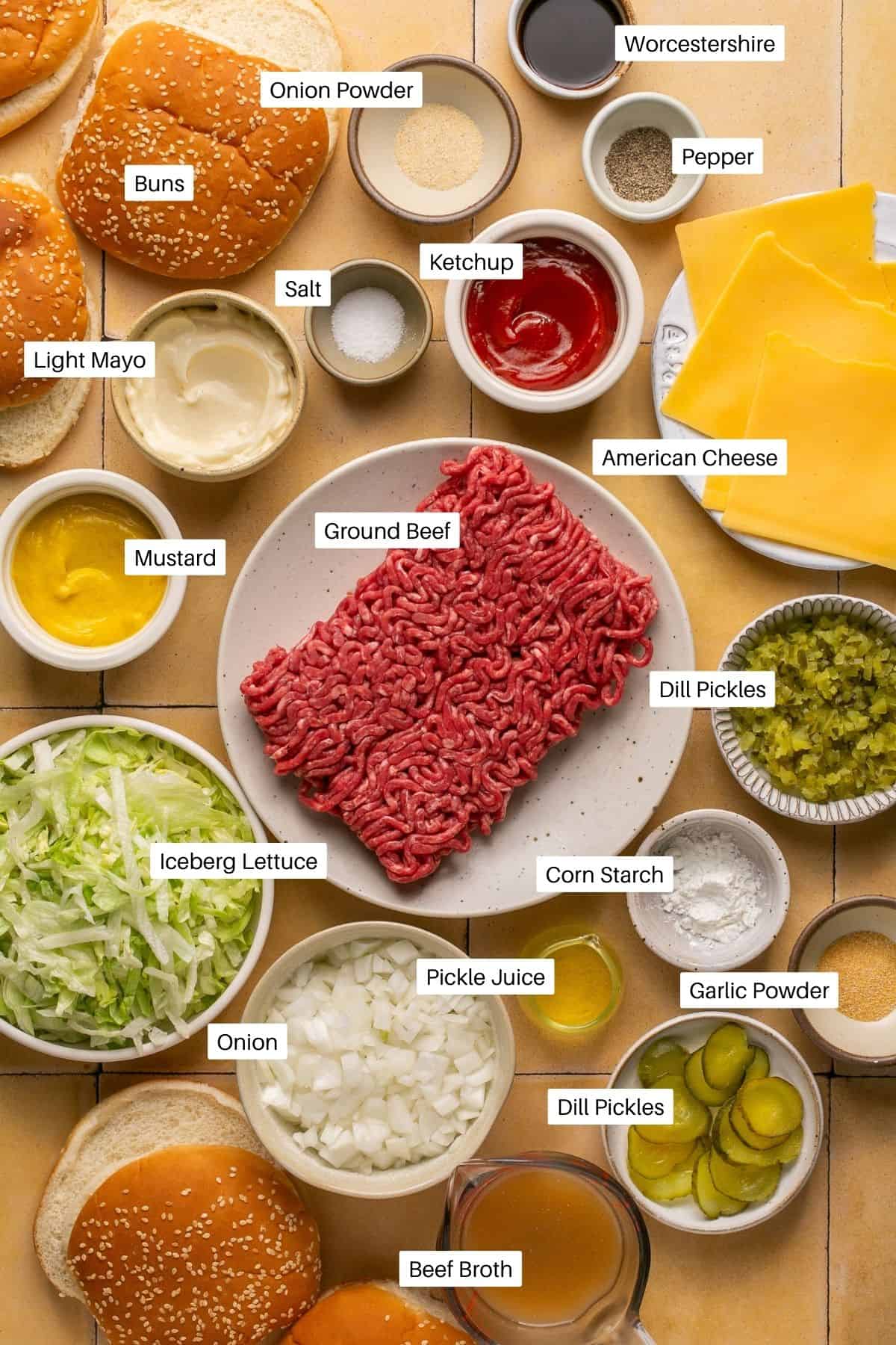 Seasonings, ground beef, buns, lettuce, pickles, onions, cheese, mayonnaise and ketchup for sloppy joes. 