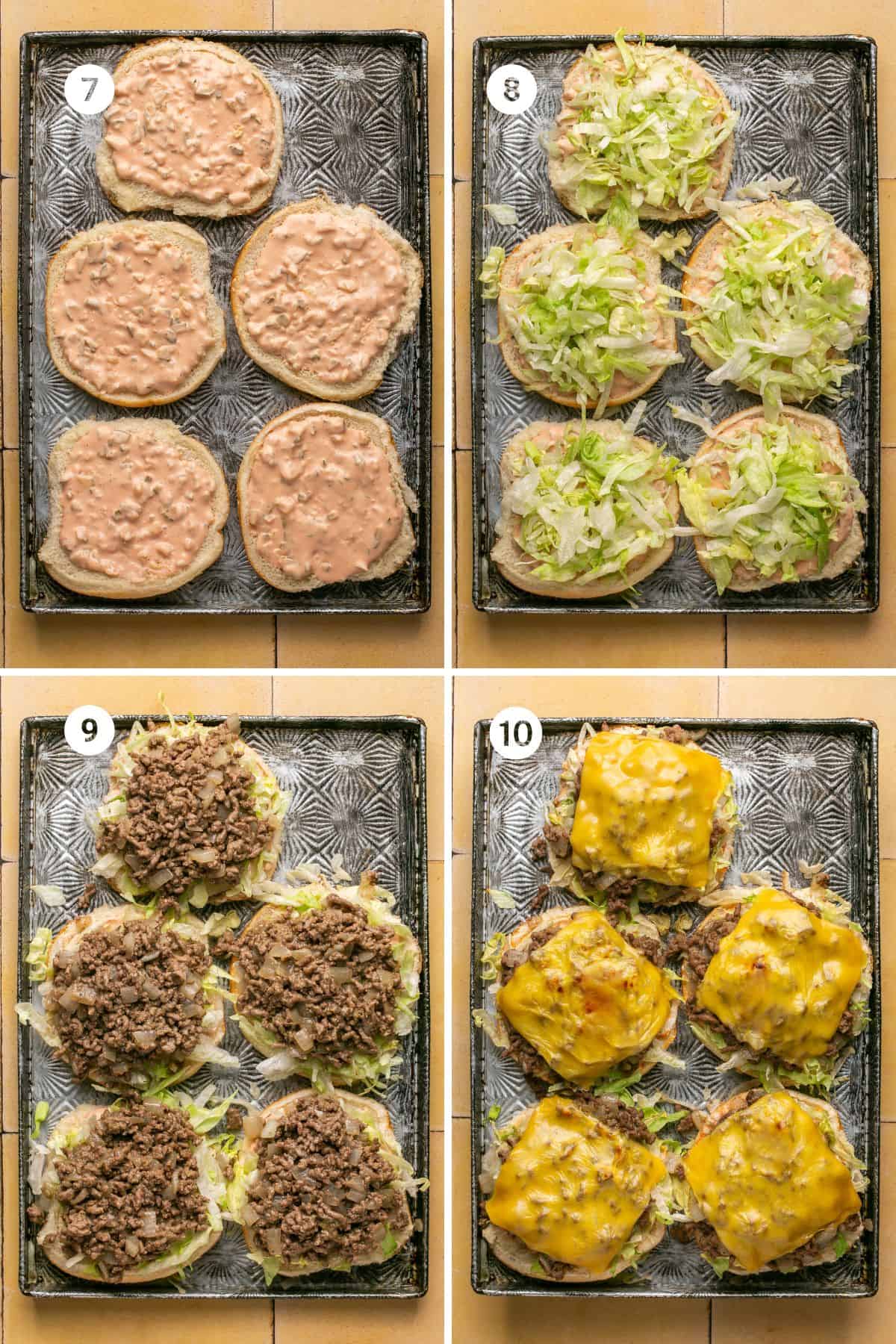 Four images showing how to layer sloppy joes with buns topped with sauce, then lettuce, then meat, then cheese broiled on top. 