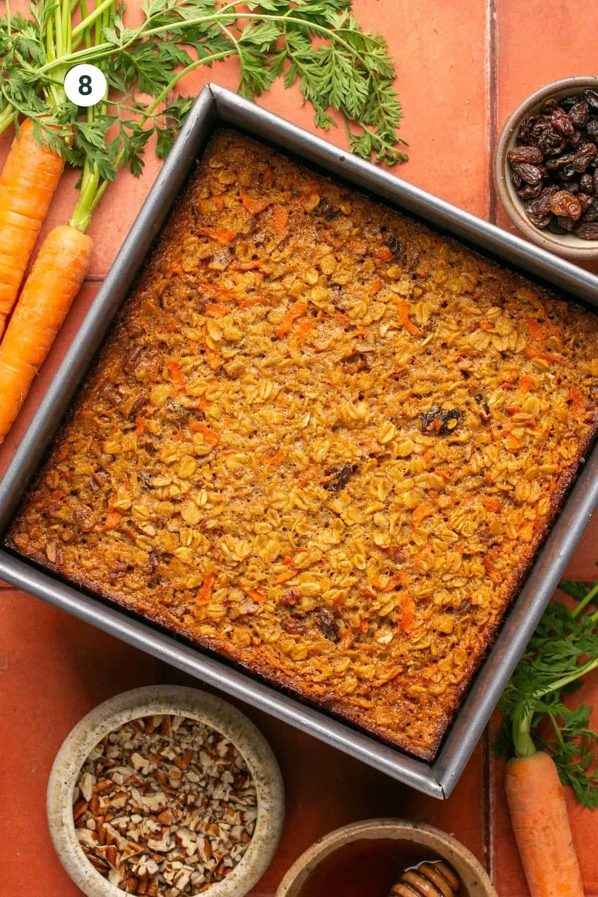 Fully baked oatmeal in a baking dish. 