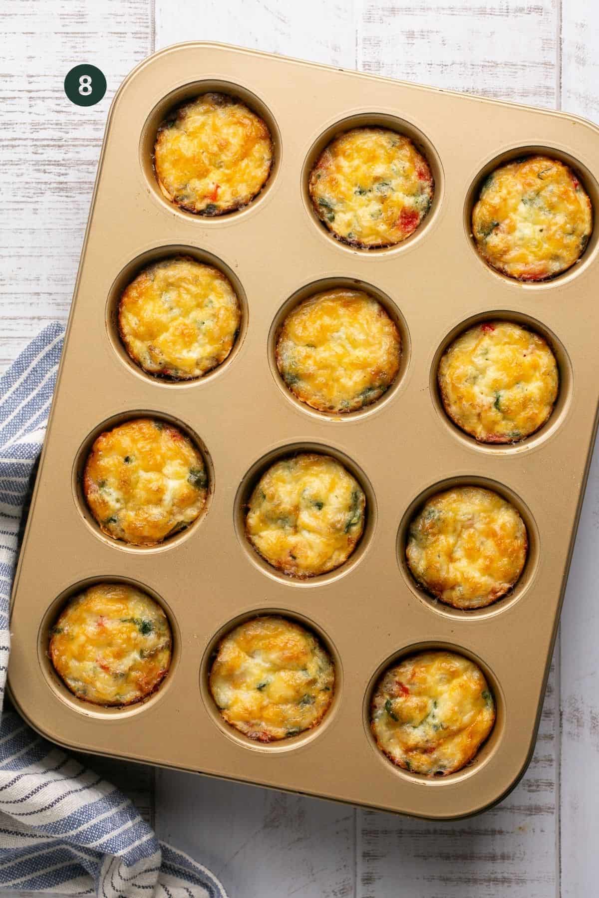 Fully baked egg bites in a muffin tin.