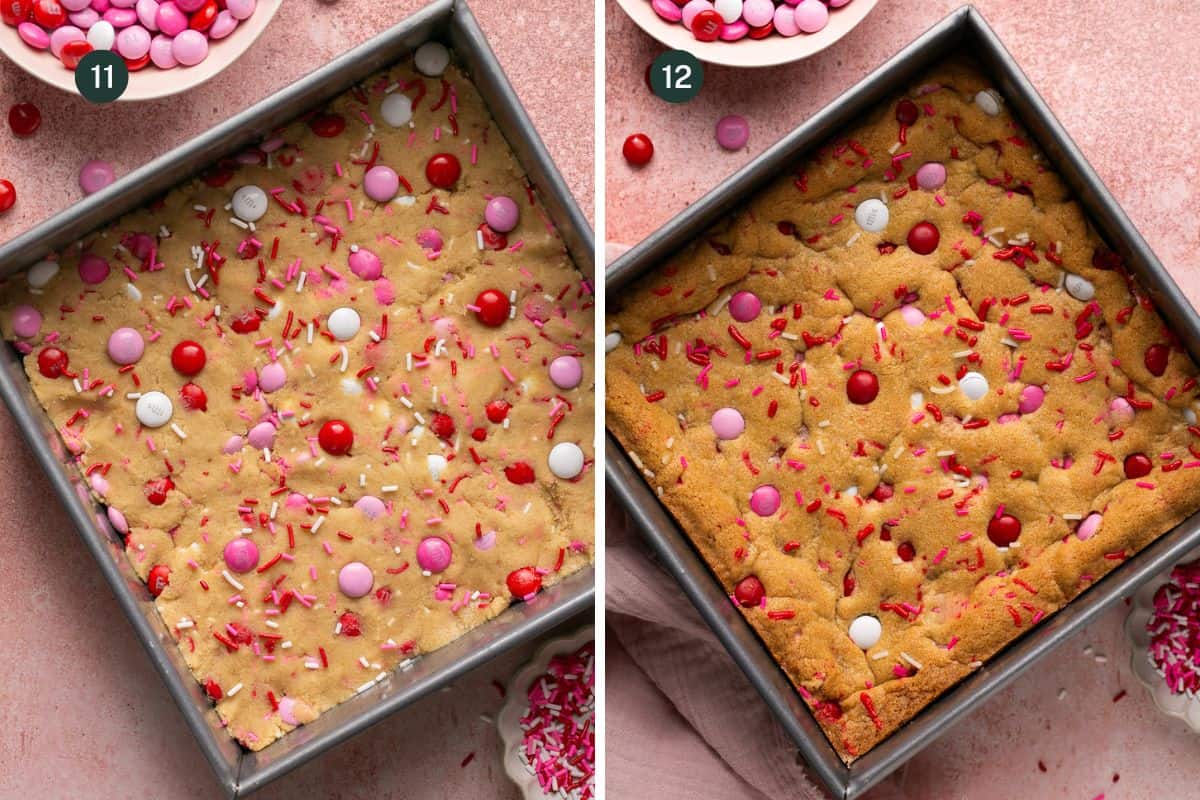 Cookie batter spread in a square baking pan and a second image of it baked and browned. 