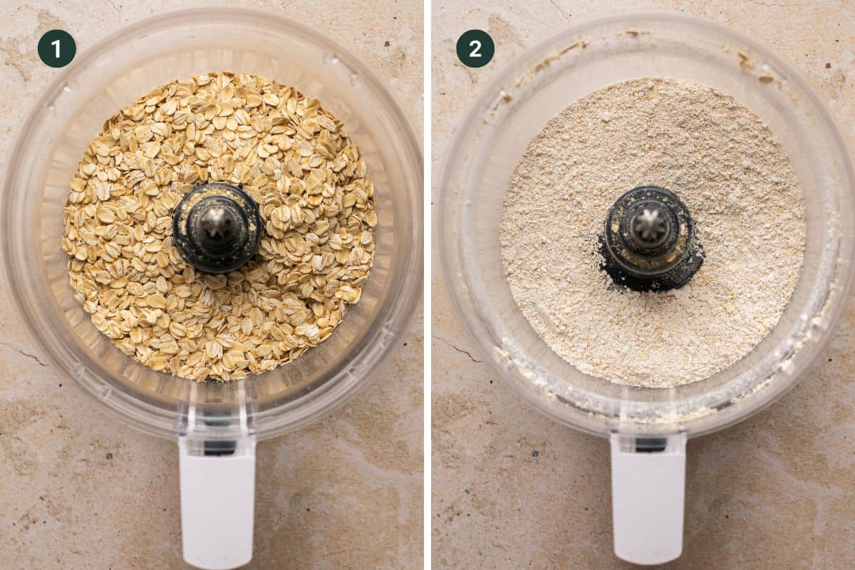 Oats added to a food processor and blended into oat flour. 